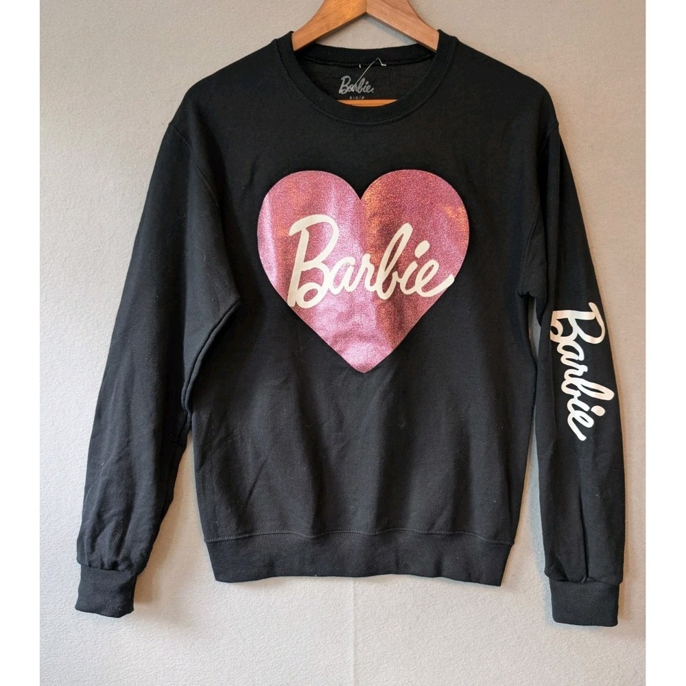 Barbie Black‎ Pink Sparkle Heart Oversized Sweatshirt Size Small Adult NWOT Crew